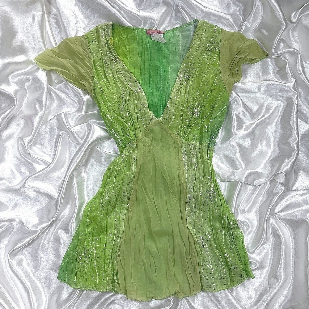 y2k Cantata Blouse Green Fairycore Glitter Ombre V-Neck Top